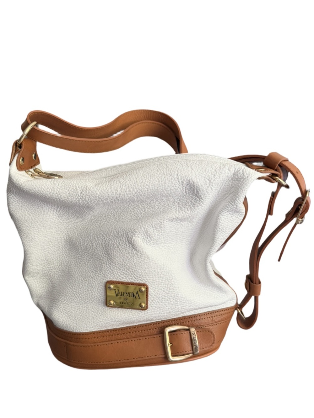 Valentina White and Camel Pebbled Leather Italy Bag NWOT